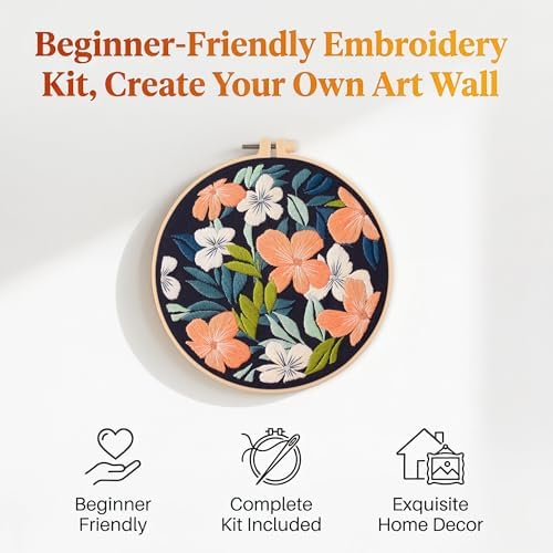Harimau Adult Beginner Embroidery Starter Kit, Complete Set with 4 Patterns, 2 Hoops, Needles, Scissors, Instruction Guide & Stitching Video Tutorials