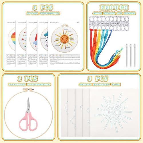 Yinder 5 Set Starter Embroidery Kit for Beginners Boho Cross Stitch with Patterns Embroidery Hoops Instructions Floss Punch Needlepoint Kits Crafts DIY Adult Beginner Cross Stitch(Rainbow)