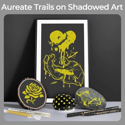8 Pack Gold Acrylic Ink Pens for Drawing, Fine Point Gold Gel Pens, Brush Tip Markers，Dual-Tip Opaque Acrylic Markers for Black Paper Highlighting Drawing, Sketching, Illustration, Card Making