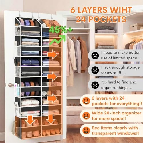 Over The Door Organizer 6 Tiers, Extra Large Behind Door Storage of 12 Compartments, 80 lbs Weight Capacity Hanging Storage Organizer with Clear Window Kids Toys, Shoes, Diapers, Room Storage,Black