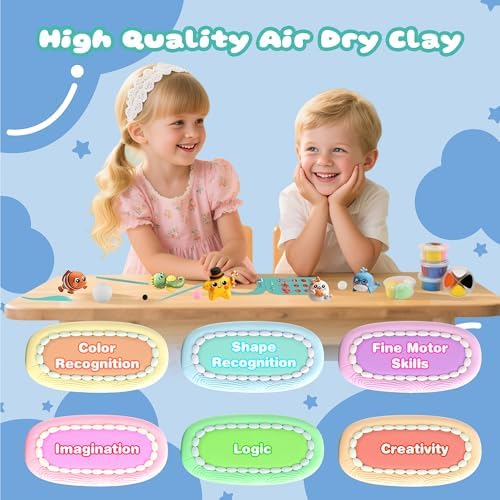 Air Dry Clay Kit, 12 Sea Creature Modeling Clay for Kids, Model Magic Clay with Sculpting Tools and Tutorials, Safe & Non-Toxic, DIY Arts & Crafts School Projects, Home Party Favors for Boys & Girls
