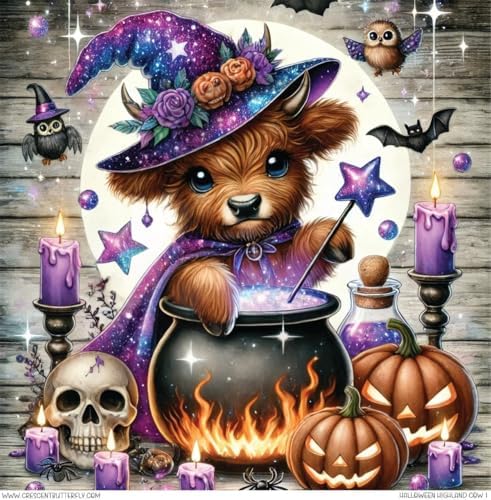 WNPOKN Halloween Highland Cow Diamond Art Kits for Adults 14x14inch