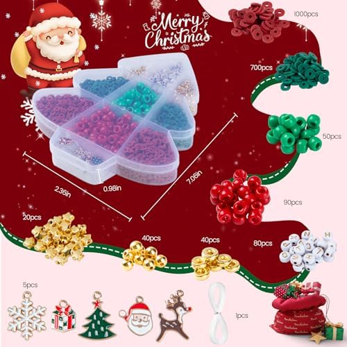 Taybonds Christmas Bracelet Making Kit, Christmas Beads for Bracelets and Jewelry Making, Xmas Bead Kit with Red Green Pony Beads, Clay, Letter Beads and Charms,Holiday DIY Friendship Gifts