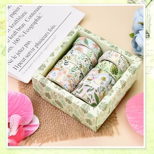 Washi Tape Set, Floral Washi Stickers, 12 Rolls Assorted Sizes, for Junk Journal Scrapbook Tape, Bullet Journaling Scrapbooking Supplies, Planner Sticker DIY Craft DéCor (Green)