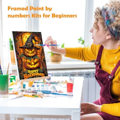 MOGTAA Halloween Paint by Numbers Kit for Adults Beginners with Frame, Pumpkin Adult Paint by Number Kits on Canvas with Easel, Easy DIY Landscape Oil Painting Kits for Home Decor, 8x12in