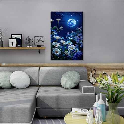 JOOZ Paint by Numbers Kit for Adults with Frame, Moon Paint by Number with Easel, DIY Starry Sky Flowers Oil Painting by Numbers, Easy Adult Paint by Number Kits on Canvas for Wall Decor 8x12 Inch