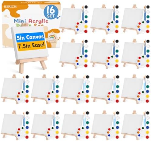ESRICH 16 Set Mini Acrylic Paint Kit, 5in Mini Canvas with 7.5in Easel