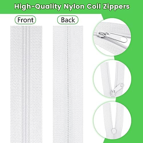 DOITEM 15.3 Yards/ 14 m 5 Pieces Assorted Colors #3 Nylon Coil Zippers, Sewing Zippers Endless Zips with 20 Pieces Zipper Sliders Zip Heads for DIY Sewing Tailor Craft Supplies (Green White)