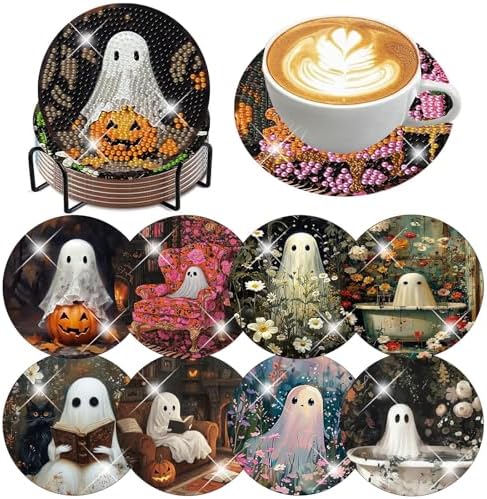 8 Pcs Halloween Diamond Art Coasters Kits for Adults (Cork Wooden Pad)