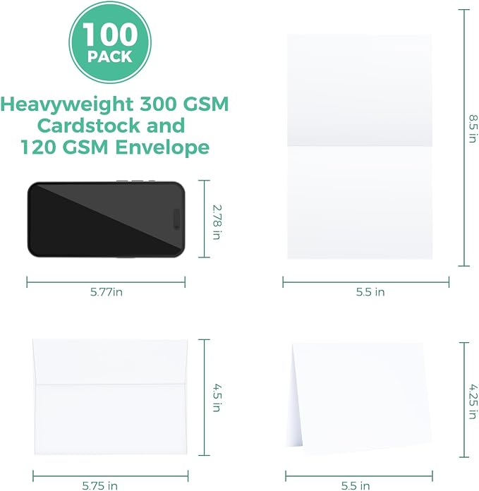 Ohuhu A7 5 x 7 Blank White Cards and Envelopes 100 Pack | 5" x 7" Heavyweight Folded Cardstock and A7 Envelopes for DIY Greeting Cards Wedding Birthday Invitations & All Occasions