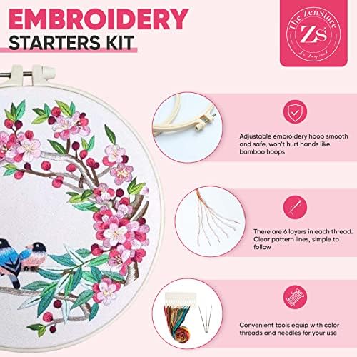The ZenStore Birds & Flowers Embroidery Kit for Adults – Beginner DIY Hand Embroidery Set with Hoop, Stamped Fabric, Thread & Needles – Floral and Plant Pattern Sewing Craft Kit for Women & Teens