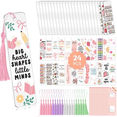 24 Set Bookmark Making Kit, Acrylic Bookmark Blanks with 24 UV DTF Stickers About Booklover Theme and 24Tassels,Blank Bookmarks UV DTF Transfers Stickers for DIY Crafts Hanging Tag Gift Bookmarks DIY