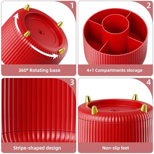 Marbrasse Desk Organizer, 360-Degree Rotating Pen Holder for Desk, Desk Organizers and Accessories with 5 Compartments Pencil Organizer, Art Supply Storage Box Caddy for Office, Home (Red)