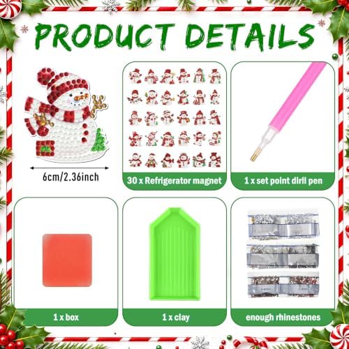Motipuns 30 Pcs Diamond Magnets,Chrismas Red Snowman,Cerise White