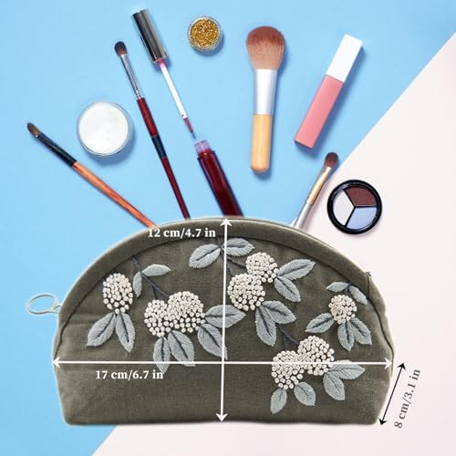 FONNUY Embroidery Kit Makeup Bag for Beginners, Flowers Pre-Stamped Pattern Handbag Coin Purses Making Kits for Adults with Hoop, Easy to Follow Color Thread Needlework (Grey)