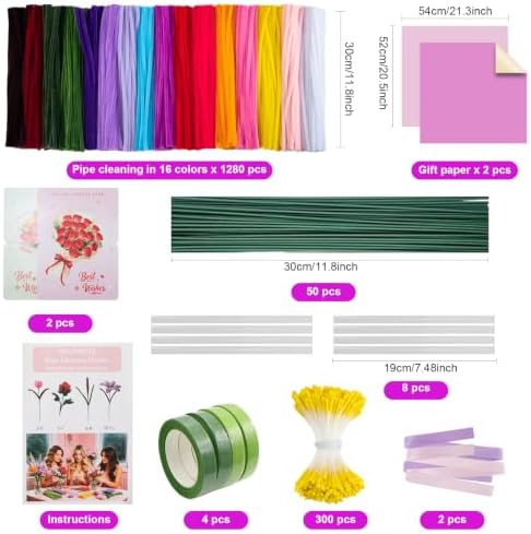 Pipe Cleaner Flower Kit 1280 PCS Pipe Cleaners Bulk 16 Color Chenille Stems