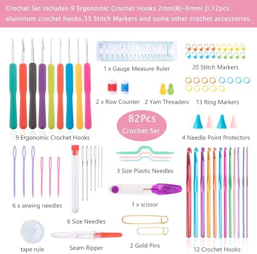 82Pcs Crochet Hook Set with Storage Case - Stand Up Crochet Hook Case with 20 Size Crochet Hooks & needles, Crochet Accessories - Crochet Needles Set for Crochet Lovers, Crochet Kit for Beginners