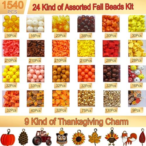 XBYzuzi 1540Pcs Fall Beads for Bracelets Making Kit, Thanksgiving Beads for Bracelets Jewelry Making Orange Assorted Autumn Maple Leaf Pumpkin Clay Bead Turkey Charms for Necklace Earrings DIY Crafts