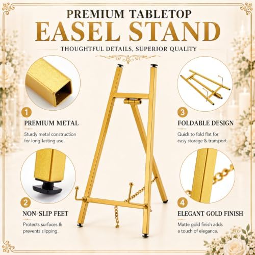 Tudomro 4 Pcs 13.3 Inch Tabletop Gold Easel Stand for Sign Picture