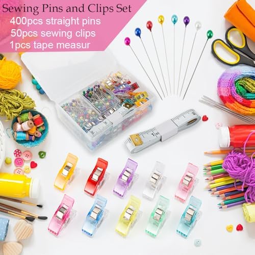 50Pcs Sewing Clips & 400PCS Sewing Pins with Box, Assorted Colors Quilting Clips Fabric Clips for Sewing Quilting Supplies Crafting Tools, Straight Pins with Colored Pearlized Ball Heads Long 1.6inch