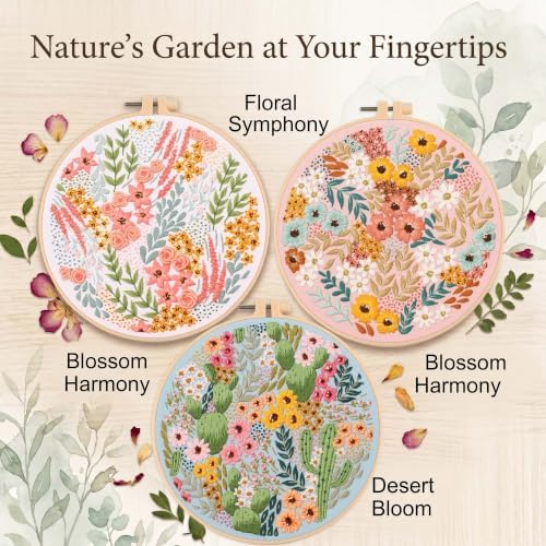 Harimau Beginner Adult Embroidery Kit, All-in-One Starter Pack with 3 Patterns, 3 Hoops, Scissors, Needles, Instruction Manual & Stitching Video Guides