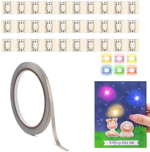 30 Pcs Aninating Rainbow Blink LED Circuit Stickers Light Craft Kit for Making Light-Up Cards Projects, with 1 Roll Conductive Fabric Tape, Add Lights to Holidays, Birthdays and Special Cards Decor
