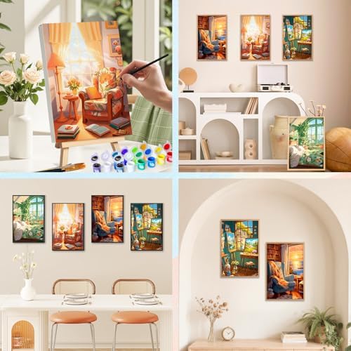 Camocin 4 Pack Framed Paint by Numbers Kit for Adults with Wooden Easel | Cozy Room Artwork, Cottage Reading Nook Decor, DIY Canvas Painting Set, Bedroom Wall Decor, Beginner Friendly, 8x12 Inch