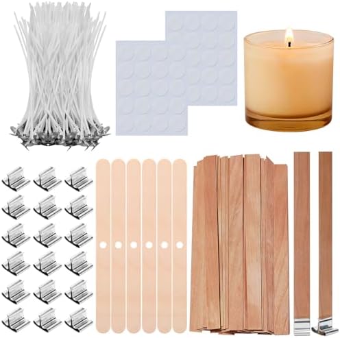 205 Pcs Candle Wicks Kit - 50 Wooden Wicks with Iron Stands, 100 Cotton Wicks & 100 Wick Stickers, Naturally Smokeless Cores for DIY Candle Making
