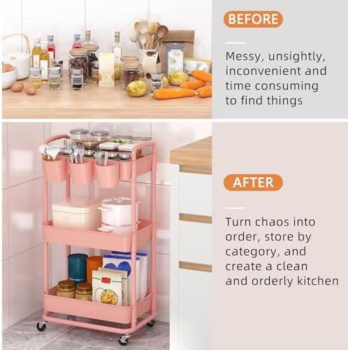 JIUYOTREE 3-Tier Plastic Rolling Storage Cart Utility Cart Pink