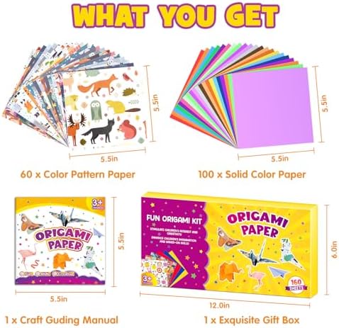 Pigipigi Kids 160 Pcs Origami Paper Kit,Arts and Crafts for Kids Ages 5-12 | Beginners Origami Kit,Step-by-Step Guiding Book, DIY Craft Birthday Gift for Boys Girls ages 5-12