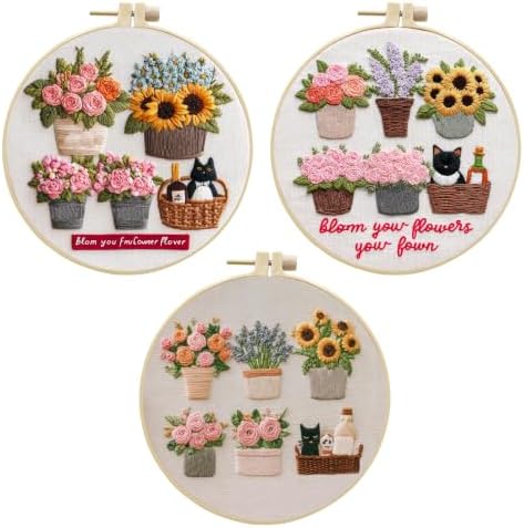 Embroidery Kit for Beginners & Adults with Cat and Flower Pattern