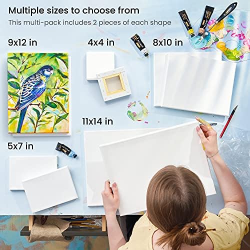 ARTEZA Stretched Canvas Multipack of 10 – 4x4, 5x7, 8x10, 9x12, 11x14 Inch Blank White Canvases for Acrylic, Oil, Gouache – Cotton, Pre-Primed | 4 x 4, 5 x 7, 8 x 10, 9 x 12 and 11 x 14 in, 100% Cotton, Pinewood Bars, 8 oz Acid-Free Acrylic Gesso