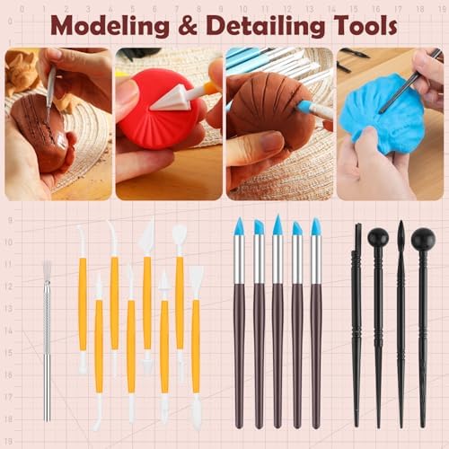 52PCS Pottery Tools Kit for Sculpting, Ceramic Tools, Clay Carving Tools for Polymer Clay, Modeling, Trimming, Molding, Shaping, Pottery Kiln, Arts Crafts Supplies, Adults, Students, Beginners, Pros