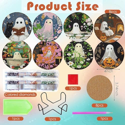 8 Pcs Halloween Diamond Art Coasters Kits for Adults (Cork Wooden Pad)