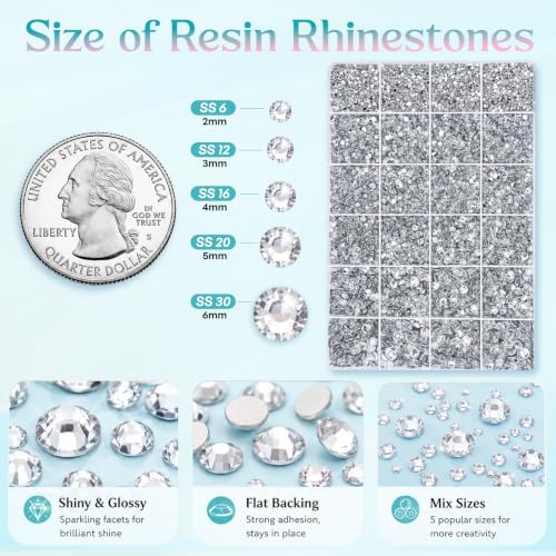 32000 Pcs Resin Jelly Rhinestones Kit, Silver Clear Flatback Rhinestones 3mm (2–6mm Size Options), Crystal Bedazzling Kit with 4 Pcs B7000 Glue & Tools for Nail Art, DIY Crafts & Clothing Decoration