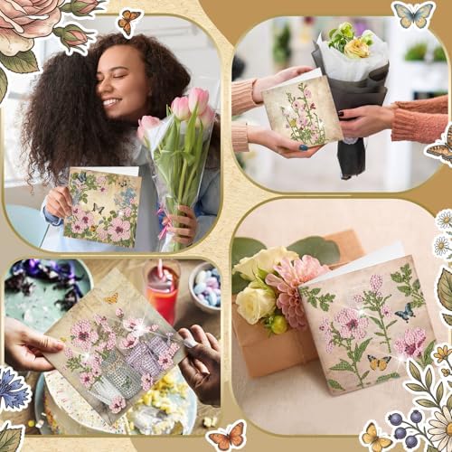Saillong 12 Pack Vintage Floral Diamond Painting Greeting Card Kits Retro French Flower Diamond Art Cards with Envelopes Pink Flowers 5D Rhinestones Painting Kit for Adult DIY Craft Family Friend Gift