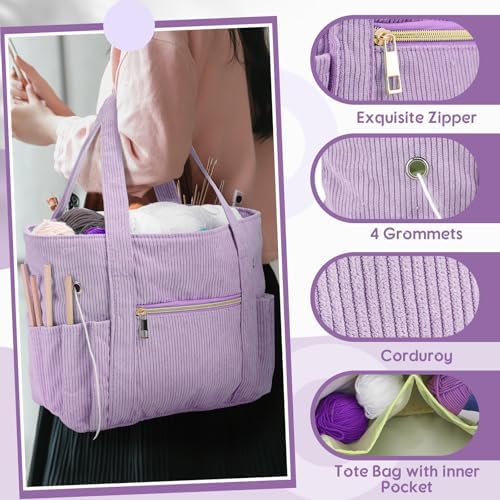 Bulyoou 2 Pcs Crochet Tote and Yarn Bag Set Corduroy Yarn Holder,Purple