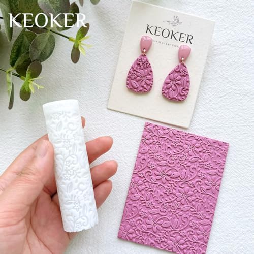 KEOKER Polymer Clay Texture Roller, Polymer Clay Roller for Making Earrings, Like Polymer Clay Texture Sheets, Great Work with Polymer Clay Cutters (Boho C), Floral C