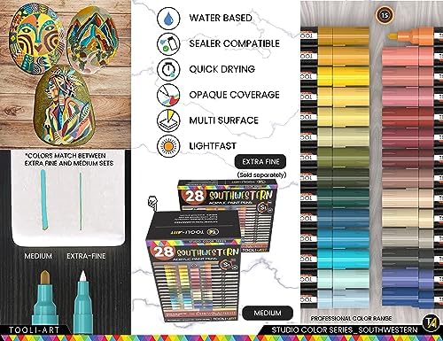28 Southwestern Colors Acrylic Paint Pens Studio Color Series Markers Set 3mm Medium Tip, Rock Painting, Glass, Mugs, Wood, Metal, Canvas, DIY Projects, Detailing. Non Toxic, Waterbased, Quick Drying