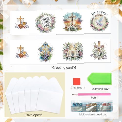 AiYuanzsh 6 Pack Diamond Art Greeting Cards with Envelopes, Religious Diamond Painting Cards Kit, DIY 5D Diamond Art Cards Set, Cross Bible Dove Designs for Christmas, Birthday, Holiday