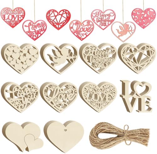 80PCS Wooden Heart Ornaments to Paint Valentine's Day Craft,10 Styles DIY Blank Unfinished Wood Heart Cutouts Ornament for Crafts Spring Tree Hanging Decorations Love