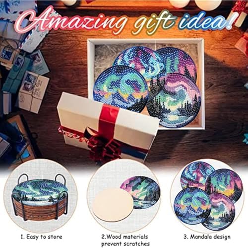NEGEKFKX 8 Pcs Aurora Diamond Art Painting Coasters Kits,Landscape Coaster with Holder for Adults, Non-Slip DIY Dot Paint Craft Kits,5D Full Drill DIY Diamond Dot Gem Art Kit Home Decor Arts Craft