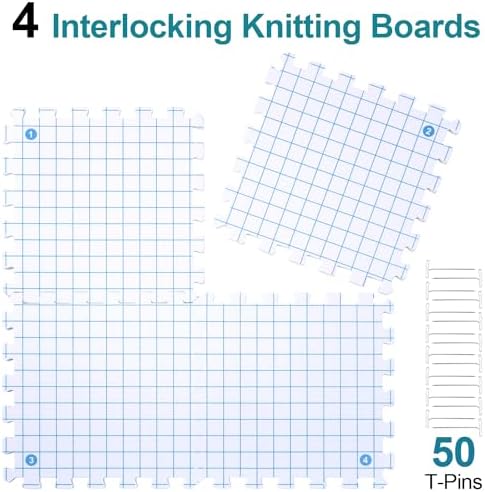 Interlocking Blocking Mats - Blocking Mats for Knitting and Crochet Projects, 4-Pack 12'' W x 12'' L Knitting Blocking Mats with 50 T-Pins, White