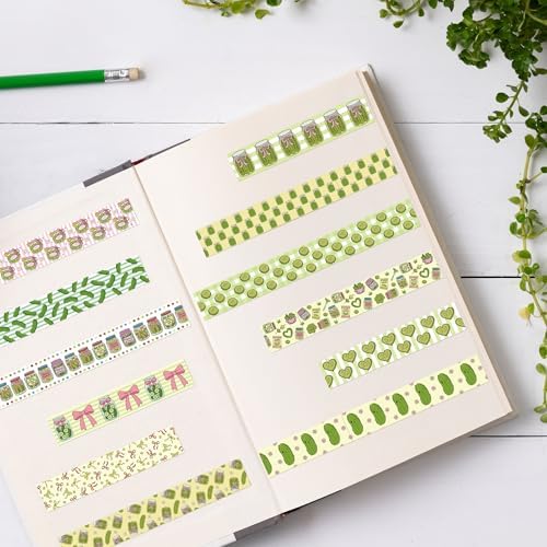 Funny Pickle Washi Tape - 12 Rolls Cucumber Pink Bow Decorative Tape Set for Teen Bookish, Green Pink Stripe Food Wrapping Paper DIY Art Crafts for Scrapbook Journal Birthday Gift Supplies