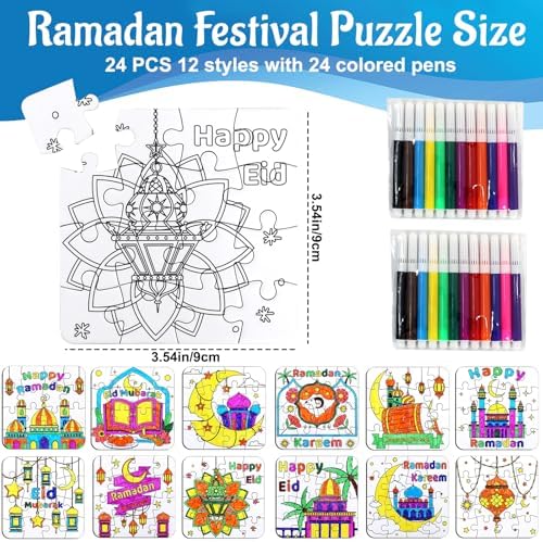 24 Pcs Ramadan Crafts for Kids, Eid Mubarak Arts and Crafts DIY Puzzle with Lanterns, Stars, Masjid, Moon, Castles, Ramadan Eid Activities Painting Kits for Islamic Gifts Party Favors & Goodies Bulk