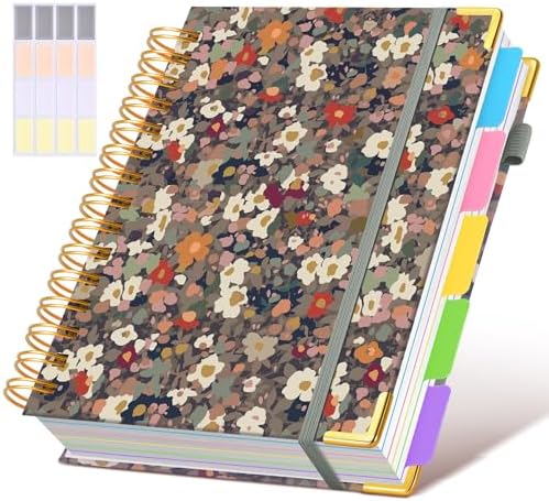 Hardcover Spiral Notebook journal with Removable Dividers Tabs, 300 Pages 5 Subject Notebook College Ruled, 100GMS Notebooks for Work School Note taking,Lined Journal for Women,A5-Flower