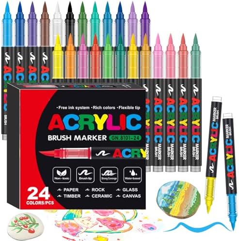24 Colors Soft Brush Tip Acrylic Markers Set, Paint Pens for Rock, Wood, Fabric, Canvas, Glass, DIY Crafts, Waterproof Paint Markers, Vibrant Acrylic Pens for Artists and Art Projects