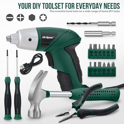 Hi-Spec 3.6V USB Electric Screwdriver for Home Repairs and Assembly, Green | 19pc, fast assembly help, common screw bit selection, LED visibility, compact grip, quick household fixes, organized storage