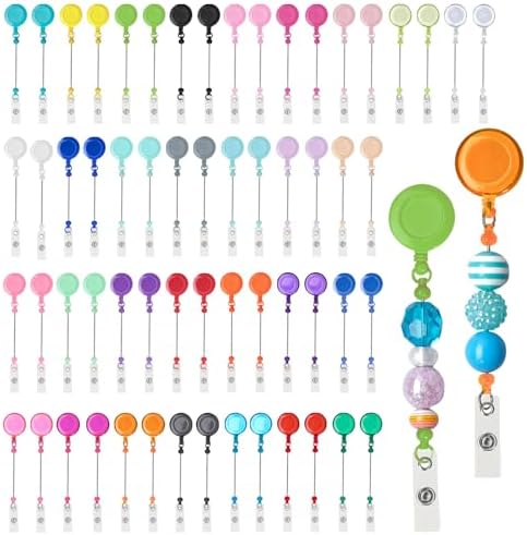 60 Pcs Beadable DIY Badge Holder Set Heavy Duty Retractable Keychain Badge Reel Clips ID Name Badge Clip with Belt Clip Blank Jewelry DIY Gift for Office Worker Doctor Nurse Employee Supplies