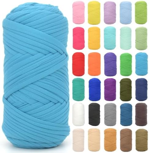 Tshirt Yarn for Crocheting,Lake Blue T Shirt Chunky Elastic Fabric Thick T-Shirt Crochet Yarn for Beginners Crocheting Hand Knitting Bag/Basket/Coasters/DIY Crafts/Home Decor 200G(Lake Blue